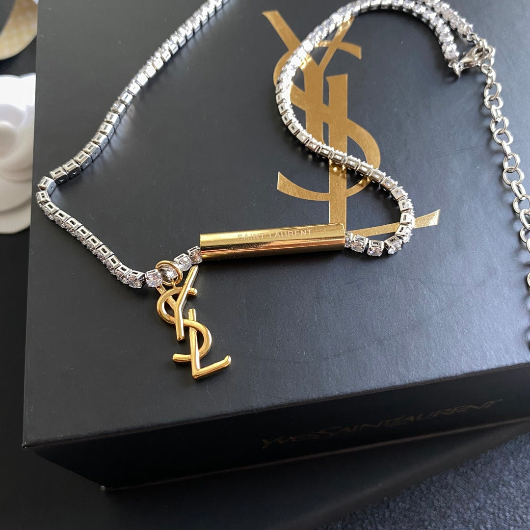 Saint Laurent Letter Drop Crystal Crystal Necklace – Luxury Designer Jewelry – product image 2