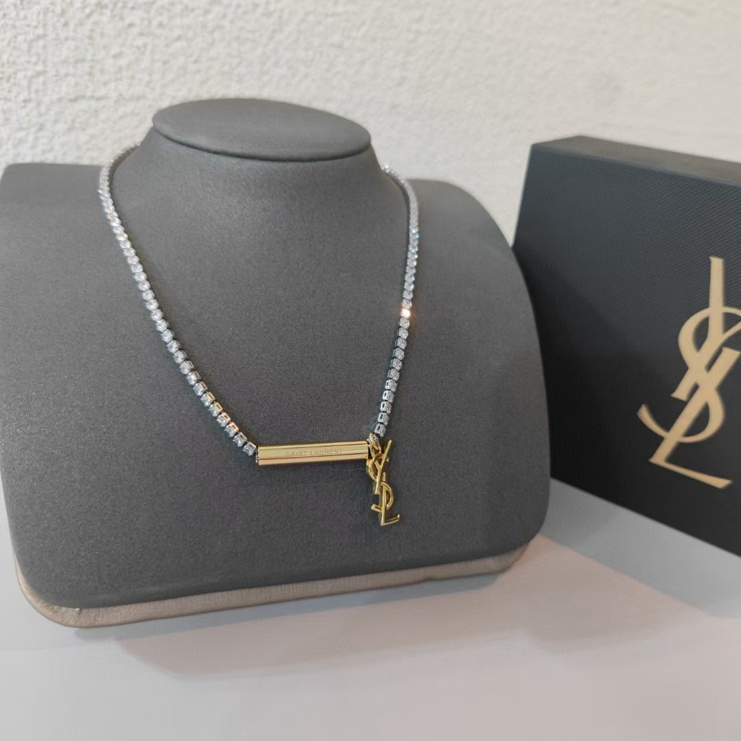Saint Laurent Letter Drop Crystal Crystal Necklace – Luxury Designer Jewelry – product image 3