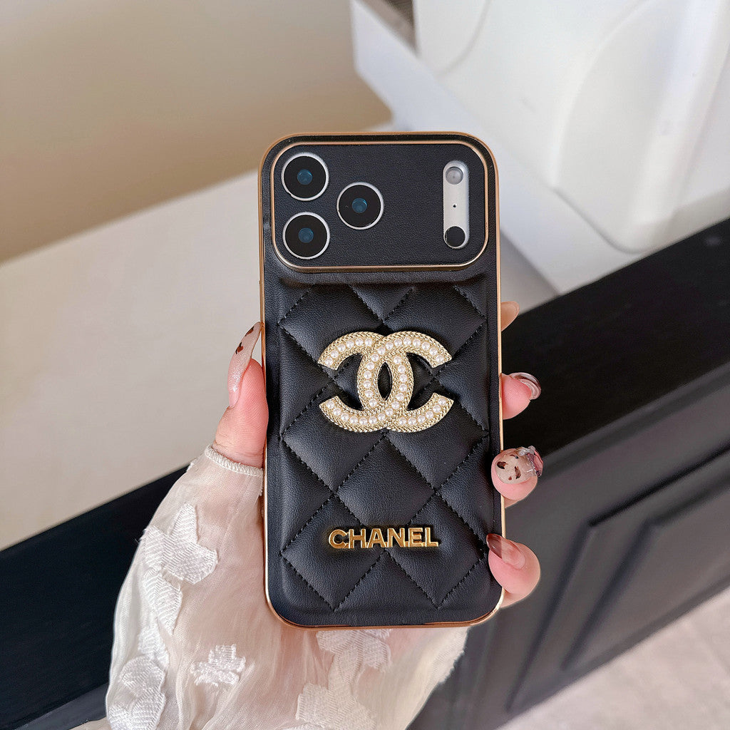 Leather Chanel iPhone 17 Pro Max Case Diamond Logo with Gold Label