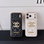 Leather Chanel iPhone 17 Pro Max Case Diamond Logo with Gold Label