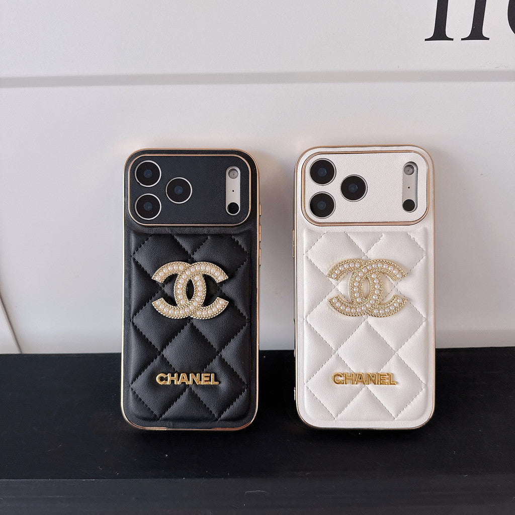 Leather Chanel iPhone 17 Pro Max Case Diamond Logo with Gold Label
