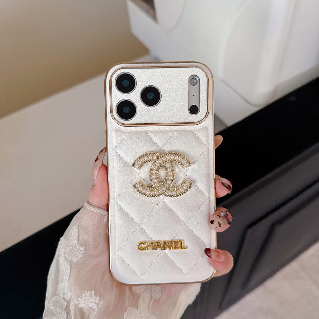 Leather Chanel iPhone 17 Pro Max Case Diamond Logo with Gold Label