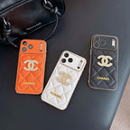 Leather Chanel iPhone 17 Pro Max Case Diamond Logo with Gold Label