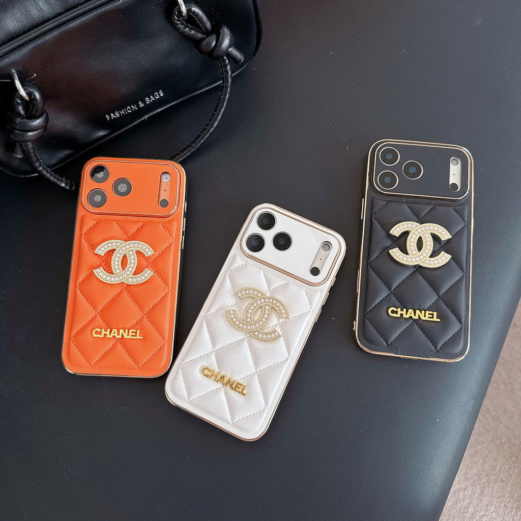 Leather Chanel iPhone 17 Pro Max Case Diamond Logo with Gold Label