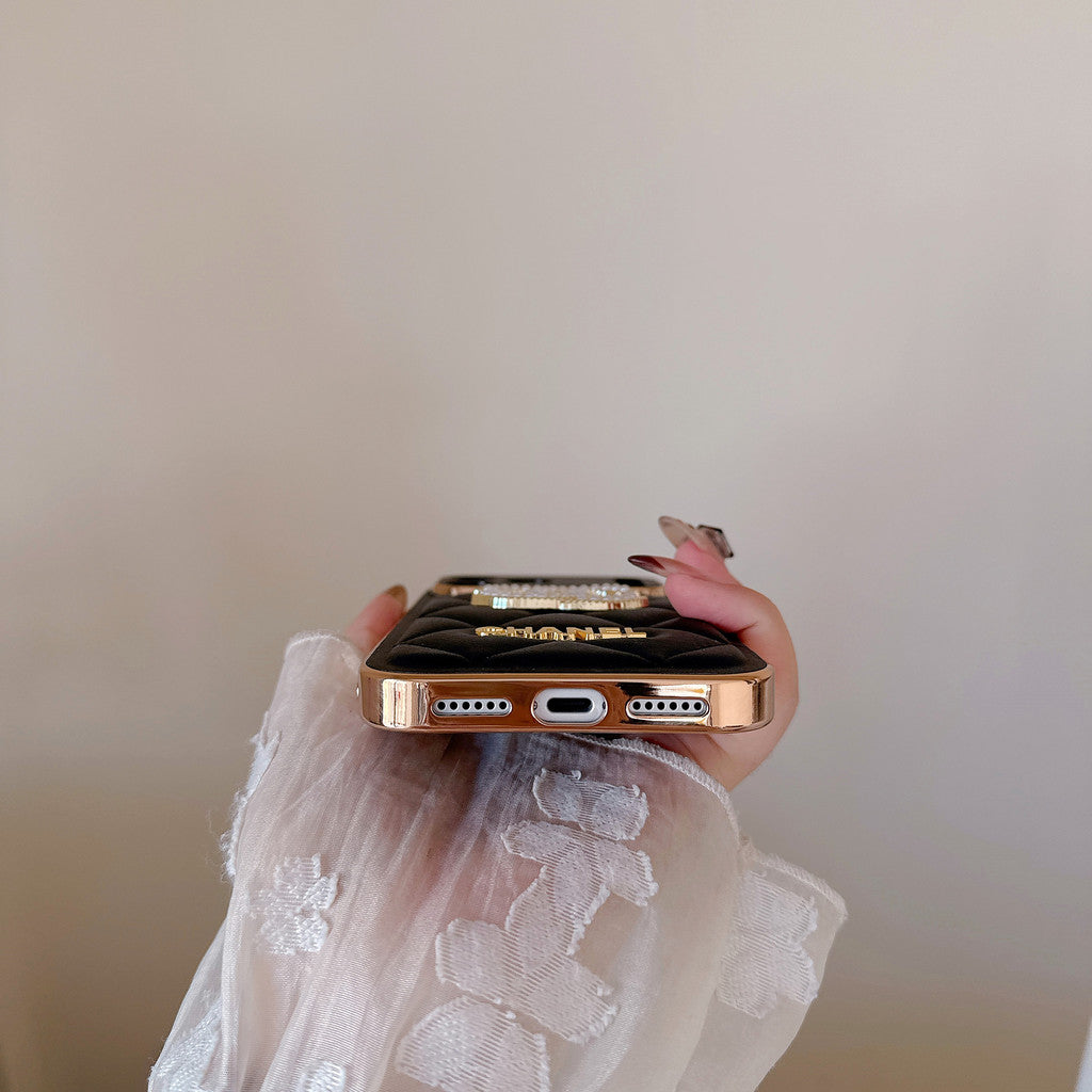 Leather Chanel iPhone 17 Pro Max Case Diamond Logo with Gold Label