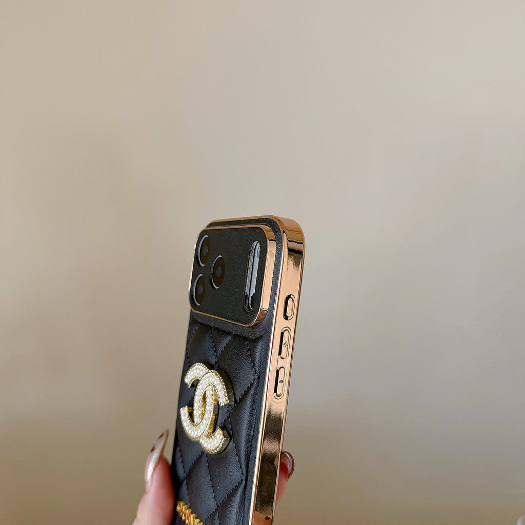 Leather Chanel iPhone 17 Pro Max Case Diamond Logo with Gold Label