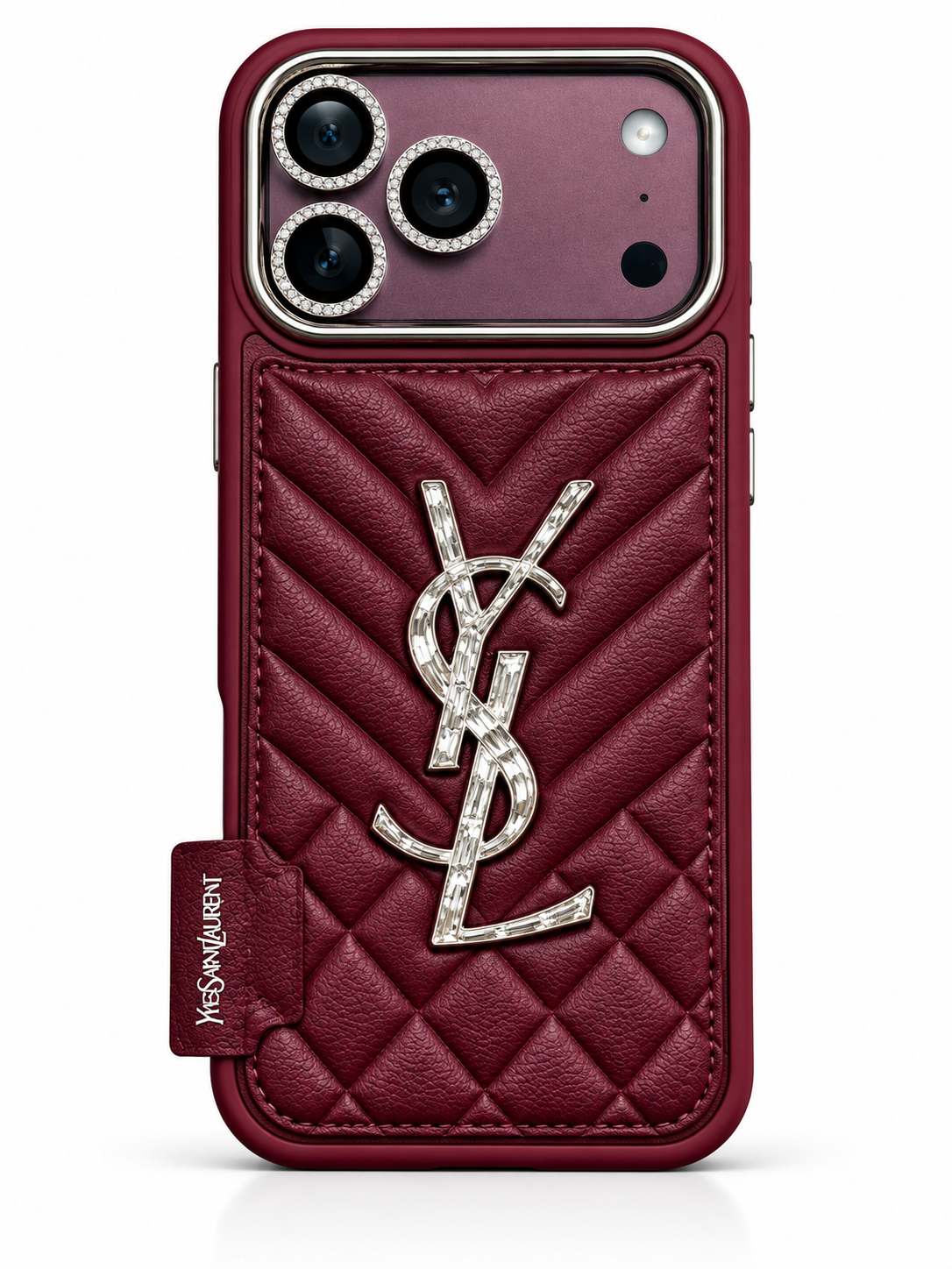 Burgundy iPhone 18 Pro Max case with YSL quilted design – front view