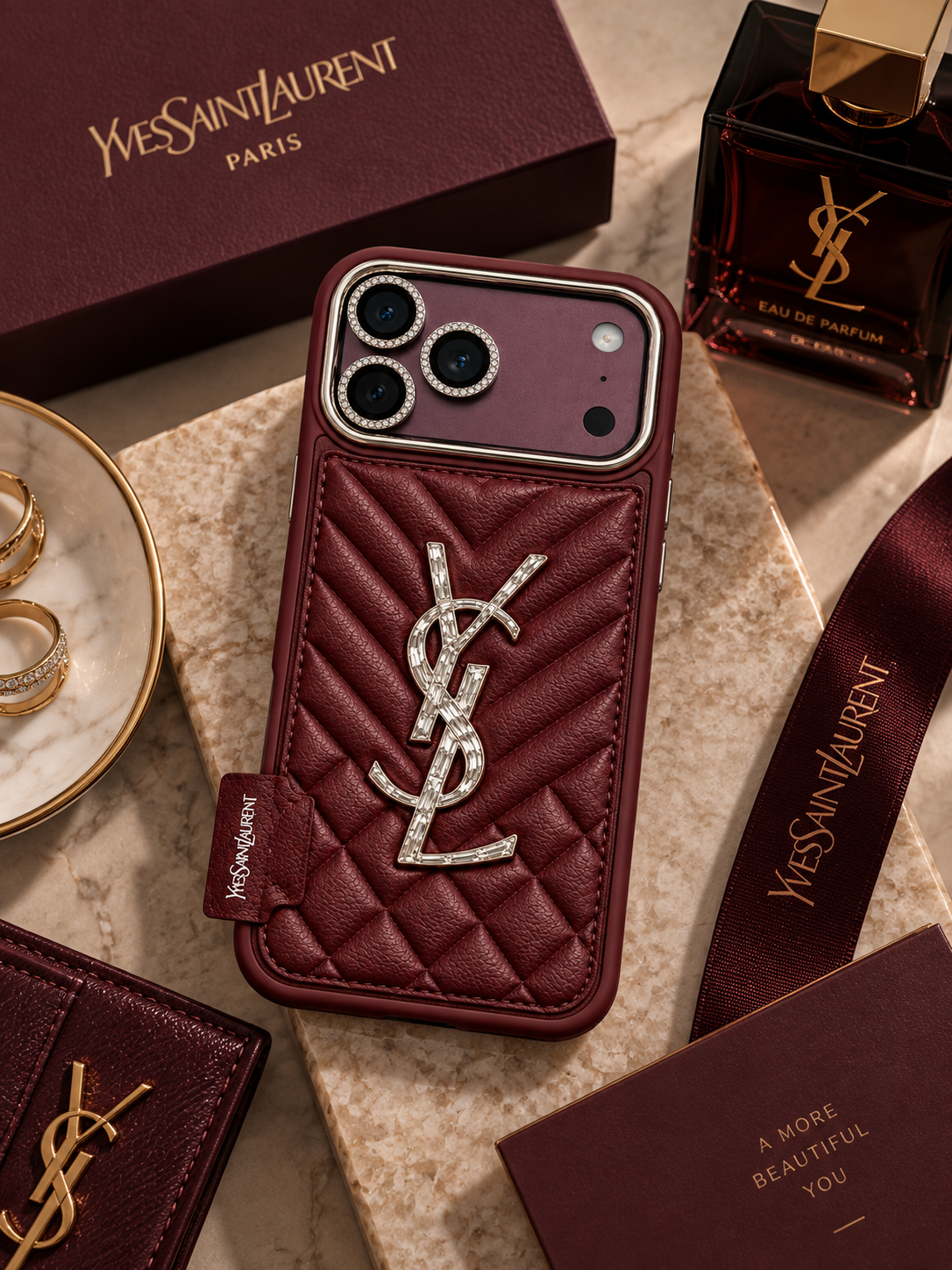 Burgundy iPhone 18 Pro Max crystal camera case – styled product view